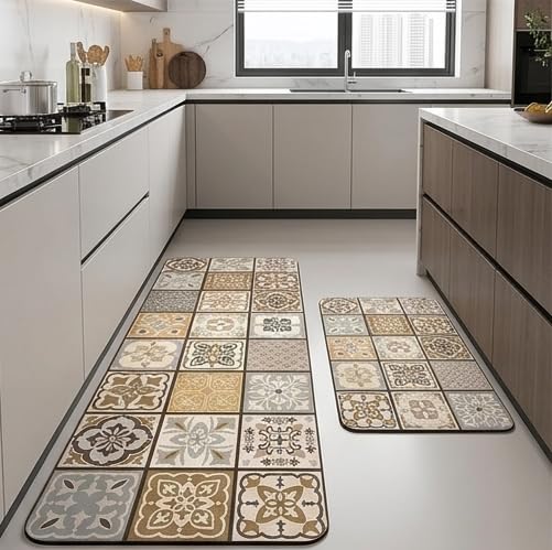Image of HomeCloud Rubber Kitchen Mats for Floor Set of 2 Pcs | Non-Skid, Soft Absorbent Rugs for Kitchen, Laundry, and Hallway | 120x40cm, 40x60cm| 4mm Thickness (Beige Tan Multi)
