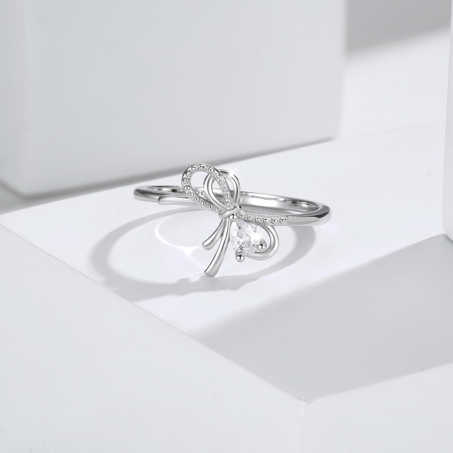 Bow Rings for Women Sterling Silver Stackable Ribbon Bow Knot Ring Dainty Cubic Zirconia Jewelry Gifts