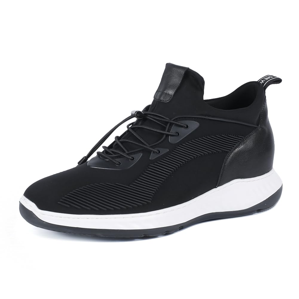 CHAMARIPA Scarpe Rialzate Uomo 6 cm Aumento Altezza Invisibile, Sneaker con Lacci Elastici a Punta Tonda in Tessuto/Pelle Morbida Nera 42EU