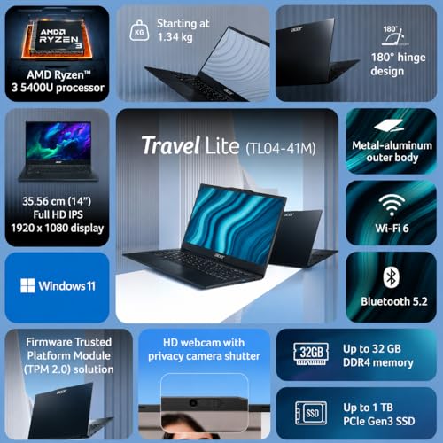 Image of Acer TravelLite TL04-41M 14-inch FHD Thin & Light Metal Body Laptop, AMD Ryzen 3 5400U Processor, 8GB DDR4 RAM, 512GB SSD, Windows 11 Home, MS Office 2021, Wi-Fi 6, HD Webcam