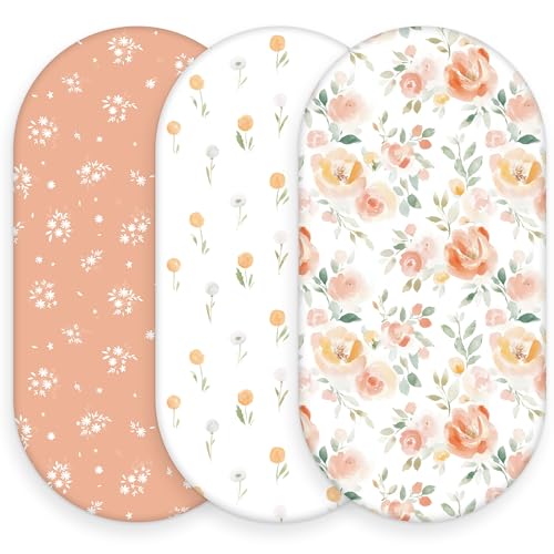Image of Baby Bassinet Sheets, 3 Pack Fitted Bassinet Mattress Sheets, Compatible with Halo Bassinest Swivel Sleeper & Oval Hourglass Rectangle Mattress, Ultra Soft Orange Watercolor Flower