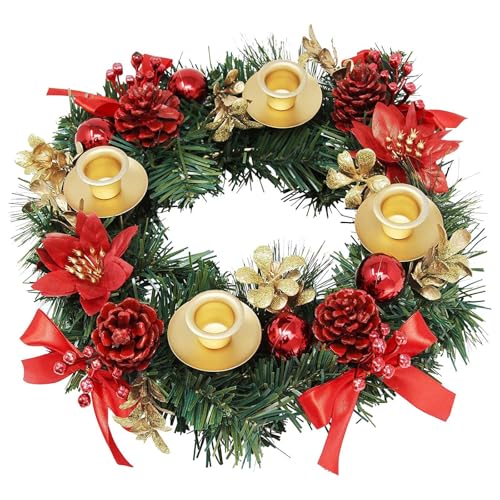 Künstlicher Adventskranz 30 cm - Mit 4 Kerzenhaltern, Roten Blüten &...