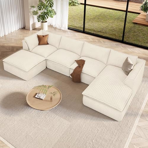 Image of Vesgantti 141.7 inch U Shaped Sectional Boneless Couch, Modern 6 Seater Modular Sofa with Chaise & Ottoman, Deep Seat Plush Corduroy Cloud Couches for Living Room, No Assembly Required, Beige
