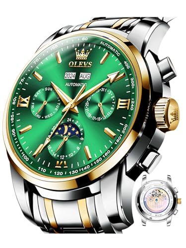 Image of OLEVS Analog Men Green Dial Gold Band Watches Automatic,Two Tone Stainless Steel Watch,Day Date Mechanical,Waterproof Swiss Wrist Watch ,OLEVS Self Winding Luminous Business Large Tourbillon Watch