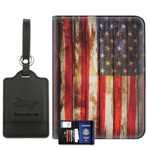 SOMFUAKA Passport Holder With Luggage Tag Set, RFID Blocking, Multi-slot, Waterproof Leather Travel Document Holder for Adults, Unisex, USA Flag Pattern