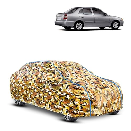Image of Kerwa Car Body Cover Waterproof Compatible with Hyundai Accent UV Protection Scratch Proof Soft Cotton Inner Layer Triple Stitched Elastic Bottom with Mirror Pockets (Army)