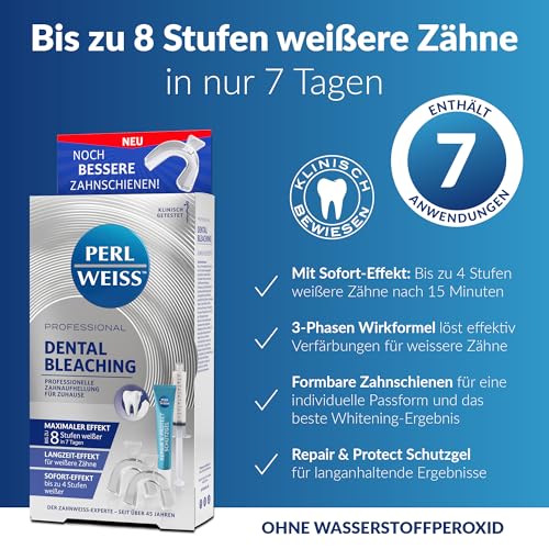 PERLWEISS Dental Bleaching Zahnaufhellung Set - bis zu 8 Stufen weißere Zähne in 7 Tagen - Zähne aufhellen ohne Wasserstoffperoxid - professionelles Zahnbleaching mit Soforteffekt