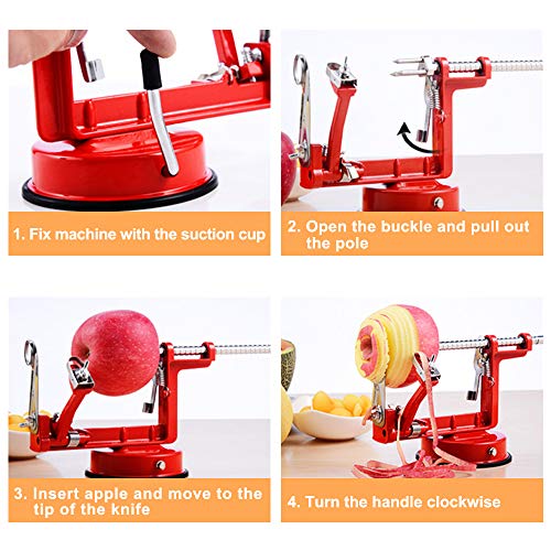 Apple Peeler Slicer Corer 3 In 1, Potato Peelers, Stainless Steel Heavy Duty with Suction Cup Base (vermilion)