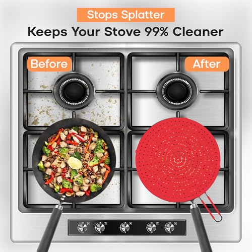 Image of Beckon Ware 11-Inch Splatter Screen for Frying Pan, Silicone, USA Brand | grease splatter guard, Fits 9-11 inch pans, Red, Helps contain cooking grease and oven safe