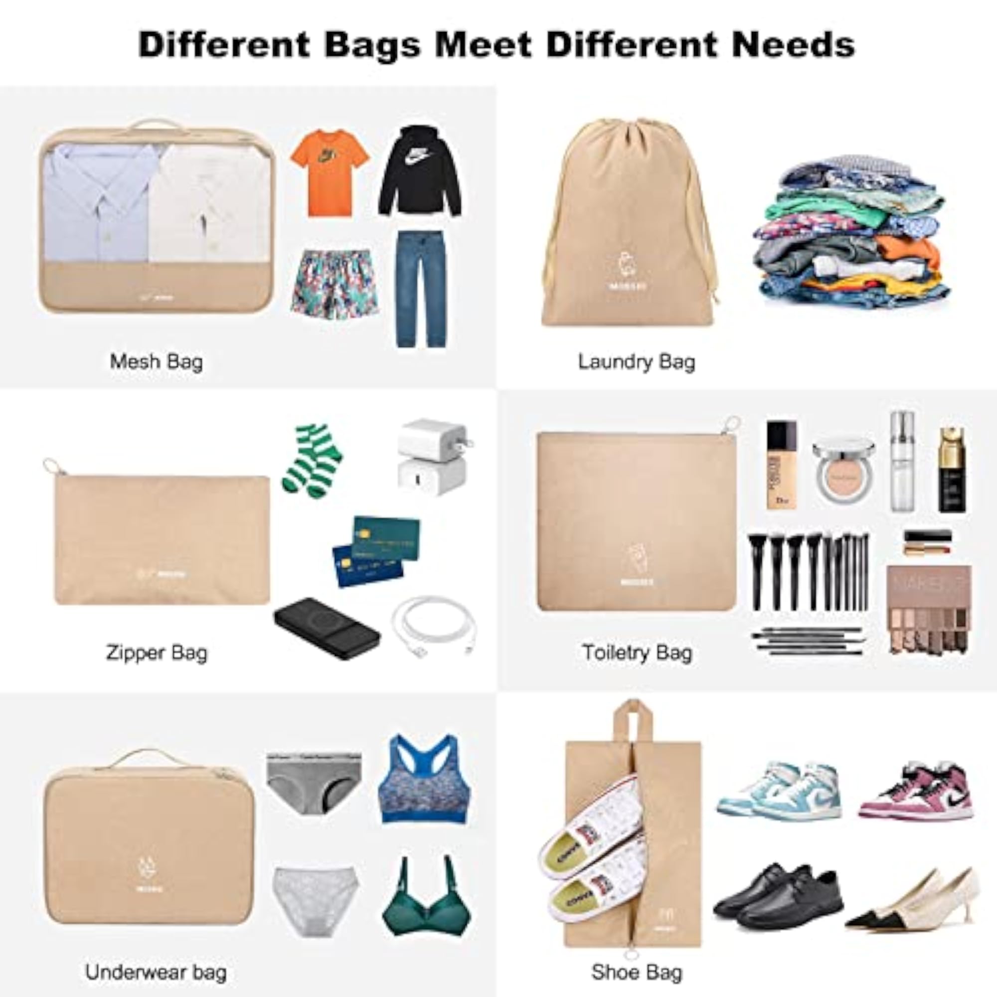 6 Set Packing Cubes with Shoe Bag, Travel Organizer