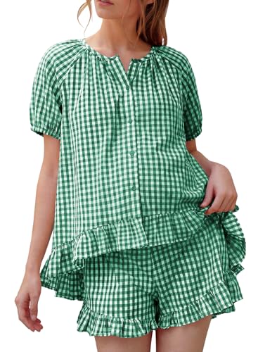 BLENCOT Maternity Pajamas Set Button Down Gingham Sleepwear Tops and Shorts 2 Piece Lounge Sets Pregnancy Clothes for Women Green Small