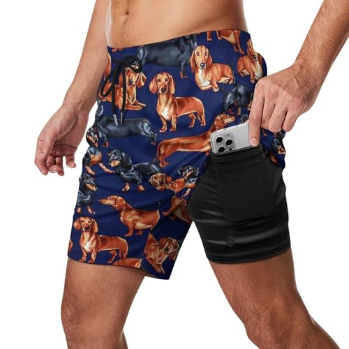 Dachshund Dog Print Blue Men's Beach Shorts with Compression Lining, Quick Dry Stretch Swimsuit