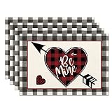 Valentines Day Placemats Set of 4,Buffalo Plaid with Love Hearts Arrow Heat-Resistant Place Mats,Ann