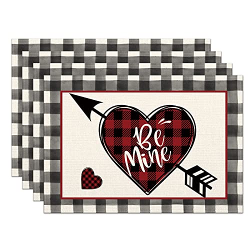 Valentines Day Placemats Set Of 4,Buffalo Plaid With Love Hearts Arrow Heat-Resistant Place Mats,Anniversary Wedding Table Decors For Farmhouse Kitchen Dining Party 12X18 Inch #TOP23