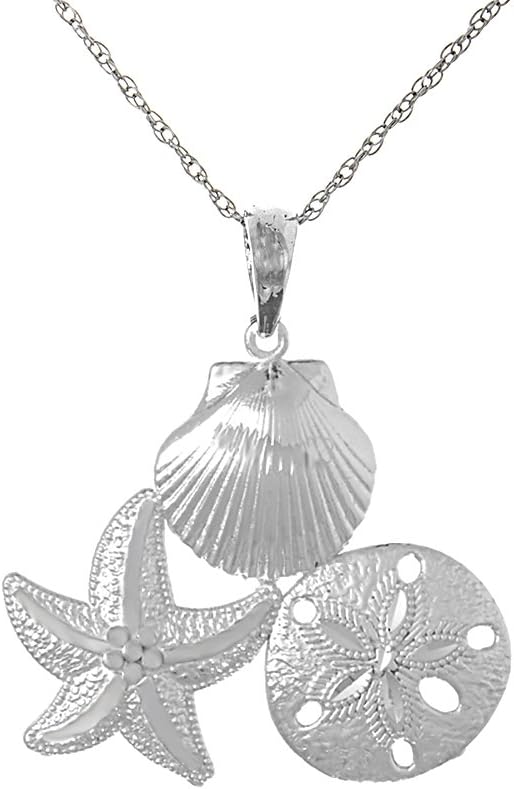 925 Sterling Silver Nautical Charm Necklace Pendant with Chain, Scallop, Starfish and Sand Dollar Cluster