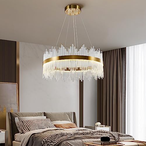 Wabon Modern Crystal Chandelier, Round Crystal Gold Led Hanging Ceiling Light, Three Color Temperatures Pendant Lights Fixture For Dining Room, Living Room, Kitchen Island, Bedroom, D23.62 Inch #TOP5