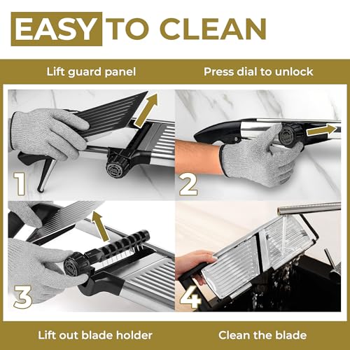 Image of Pronto Kitchen Adjustable Stainless Steel Mandoline Food Slicer - Comes with One Pair FREE Cut-Resistant Gloves || Vegetable Onion Potato Chip French Fry Julienne Slicer | Slice from Paper-Thin to Thick-Cut with Stainless Steel Frame and Rotating Blade, Non-Slip Base, Gloves and Guard Included
