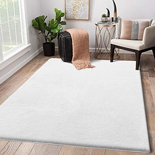 LIVEBOX Faux Rabbit Fur Area Rug, Luxury Kids Play Mat 4' x 6' Modern Fluffy Throw Shag Rugs Plush Childrens Carpet for Bedroom Living Room Nursery Decor Best Shower Gift (White)