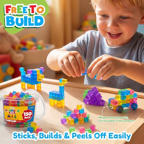 Image of LESONG Mini Sticky Stacking Cubes for Kids: 150 PCS Washable Sensory Building Toy, Soft Squishy 0.39 inch Cubes with Storage Box, Balanced Stickiness for 2D & 3D Building, Translucent Travel Toy
