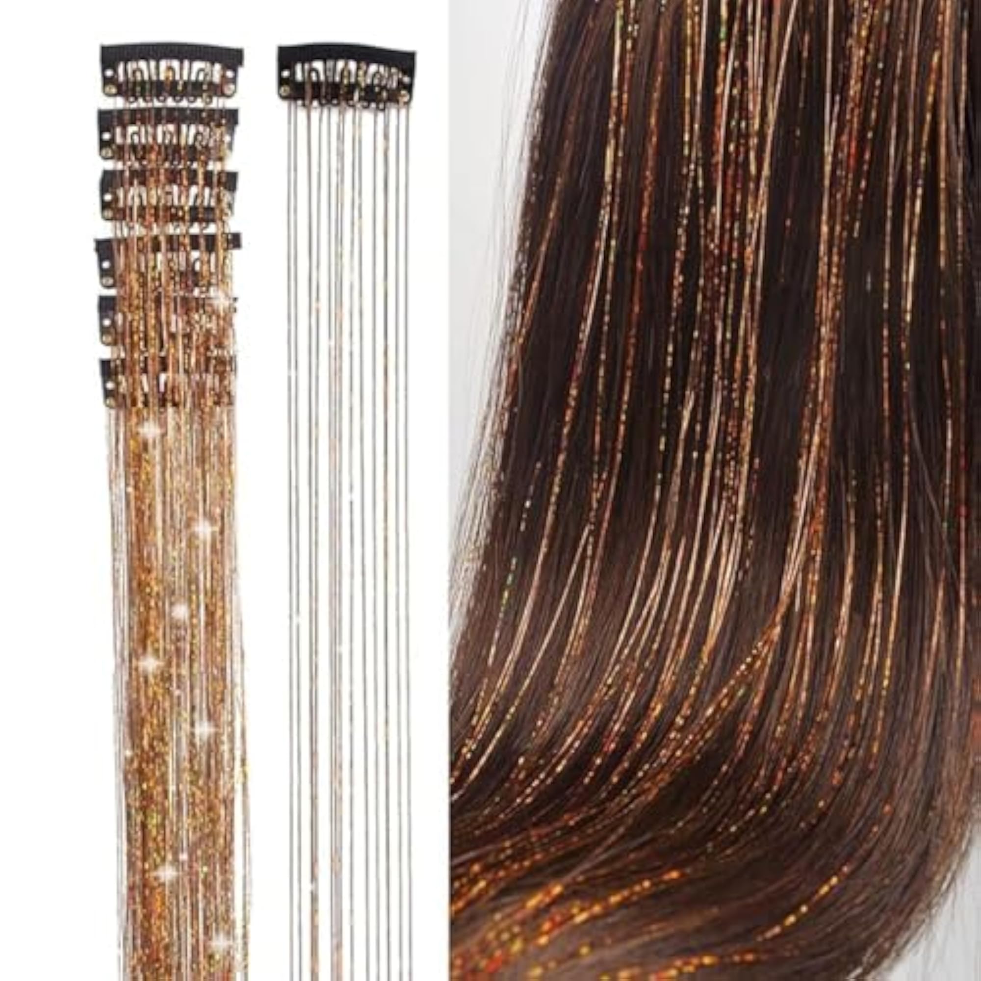 Brown Tinsel Hair Extension, 42 Inch, Festive Clip-In