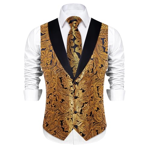 Image of DiBanGu Mens Paisley Suit Vest Silk Jacquard Waistcoat and Necktie Set Formal Shawl Collar Dress Vest 7PCS for Wedding Party