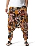 LucMatton Men's Linen Baggy Hippie Boho Yoga Harem Pants African Pattern Print Drop Crotch Jogger Brown XXX-Large