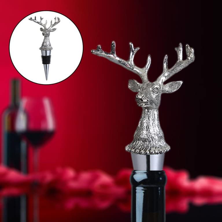 Luxury Pack Zinc Alloy Metal Deer Head Wine Bottle Stoppers / Round Air tight Seal | Bottle Cap in Gift Box- 1 pc (Silver)