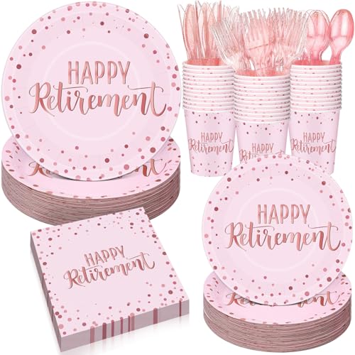 Pickmesh 192 Pcs Retirement Party Decorations Happy Retirement Paper Plates and Napkins Set with Cups and Knife Fork Spoon, Farewell Party Disposable Tableware for Guest (Pink)