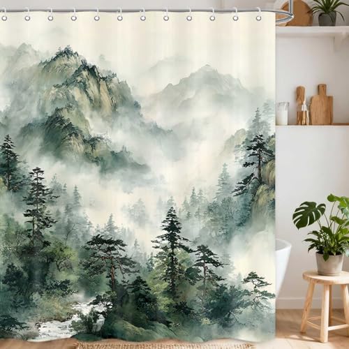 MDDGKH Mountain Shower Curtain Green Forest Nature Tree Shower Curtains for Bathroom Woodland Landscape Rustic Farmhouse Bath Decor Waterproof Polyester Fabric 71x71 Inch