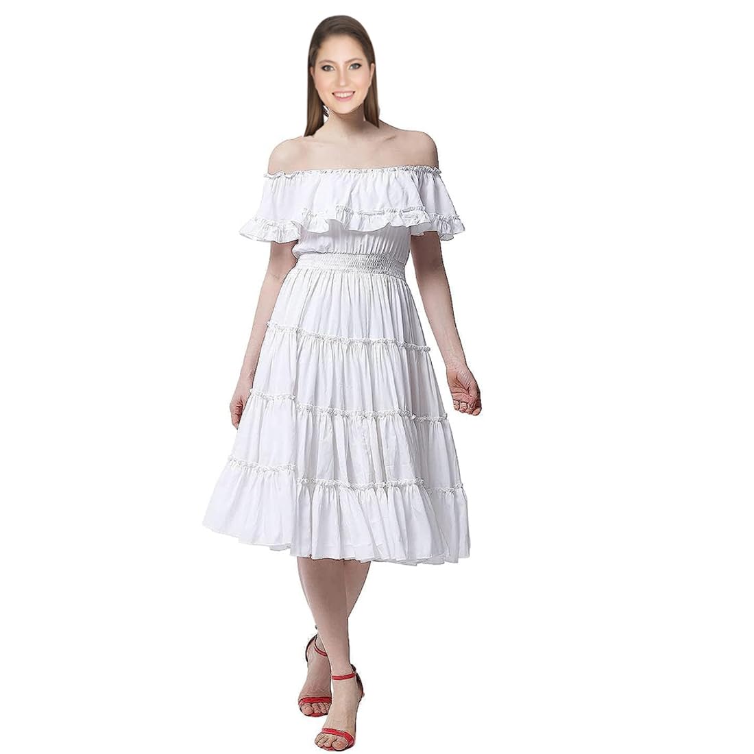 cigain Women's and Girl’s Summer Fashion Cotton Shoulder Off Maxi Knee Lenth Dresses (White)-picture-50