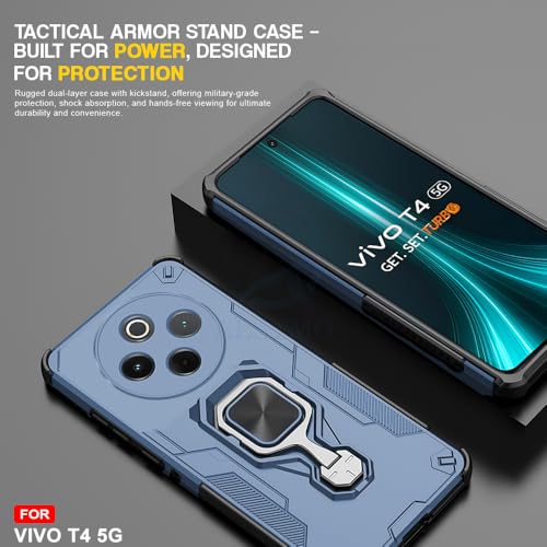 Image of AESTMO Armor Back Cover for Vivo T4 5G / iQOO Z10 5G | Ring Holder & Kickstand & Camera Protection in-Built | 360 Degree Protection Back Case Cover (Blue)