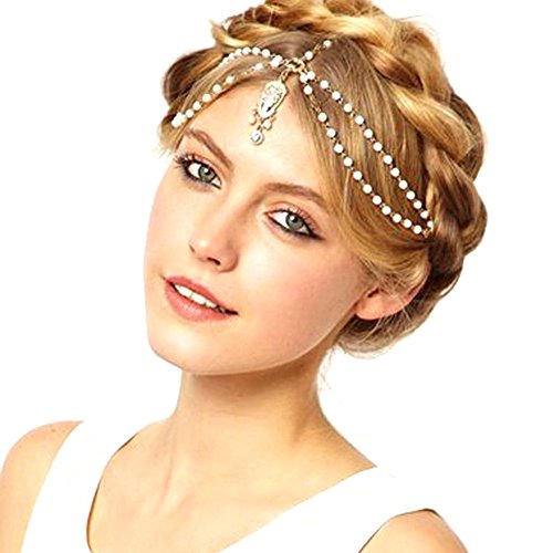 TS Unique Fashion Metal Head Chain Jewelry Chain Beaded Headband Head Piece Flapper Hair Band (A)