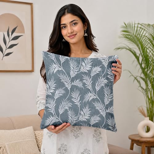 Image of Divine Casa Cushion Covers Set of 5 Zinc Grey | 16x16 Inch Jacquard Designer Sofa Cushion Covers | Modern Decorative Leaf Pattern Throw Pillow Covers