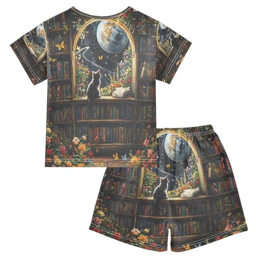 ALAZA Bookworm Bookshelf Cat Butterfly Flower Pajamas Set Short Sleeve Cotton Sleepwear Summer Pjs 2 Piece 5-14Y2