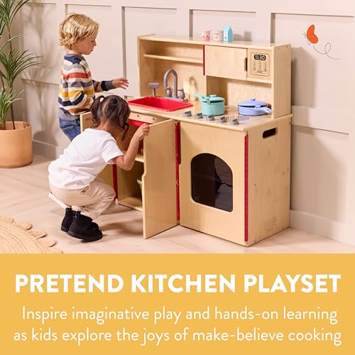 Image of Back2School Express Chef's Station Kids Pretend Play Kitchen, Wooden Playset, Natural