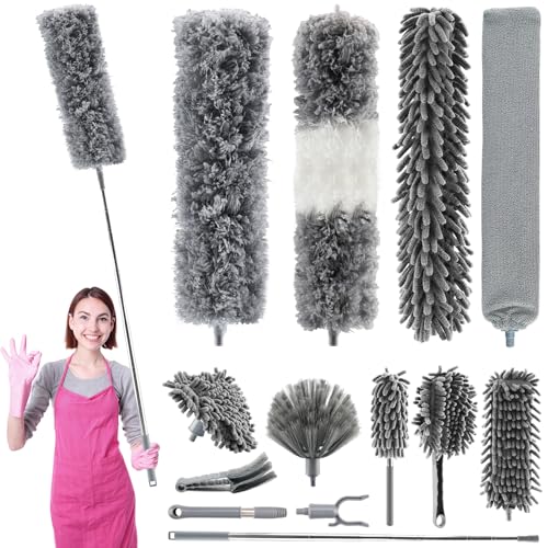 Foydream 13 Pièces Plumeau Telescopique, Tete de Loup Telescopique Longueur Maximale 260cm, Plumeau Lavable Microfibre, Balai Toile D'araignée, pour Plafonds, Meubles, Stores, Poussiere