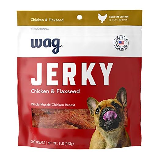 Amazon Brand – Wag Chewy Whole Muscle American Jerky Dog Treats – Chicken & Flaxseed (1 lb), Grain Free