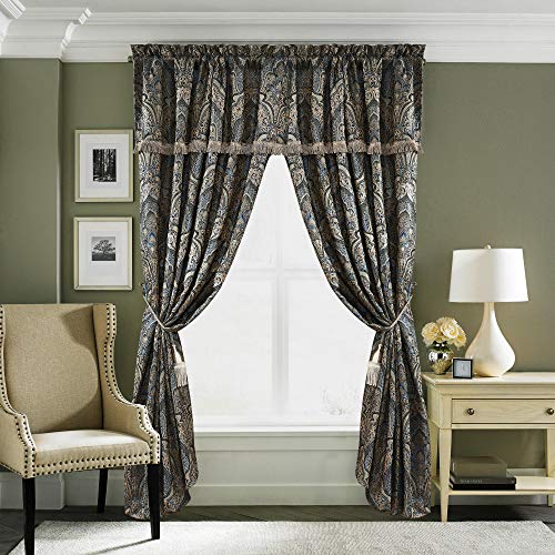 Chezmoi Collection SEVILLE-BLUE-CURTAIN 4-Piece Jacquard Blue Gold Medallion Paisley Window Curtain/Drape Set Sheer Backing,Tassels, Valance cover