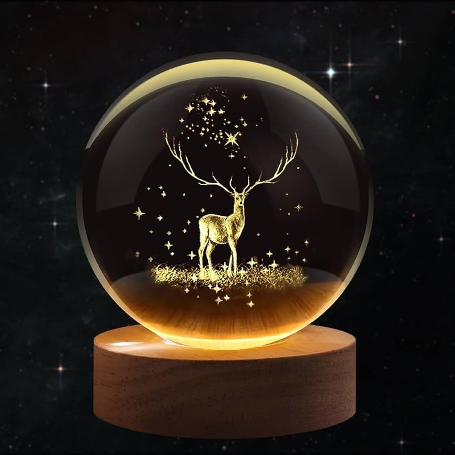 3D Crystal Ball Night Light | LED Hologram Glass Lamp with Wooden Base | USB Powered Crystal Ball Lamp for Bedroom, Living Room, Home Decor & Birthday Gift (Deer)