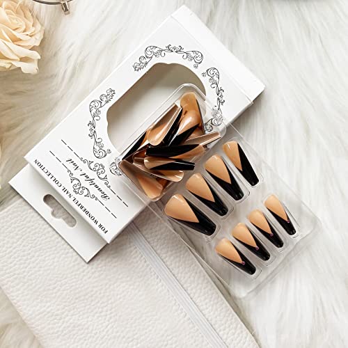 Black Fake Nails French Tip Press On Nails Long Coffin False Nails With Design Rose Red Rhinestone Acrylic Nails Full Cover Glossy Stick On Nails Cute Glue On Nails For Women And Girls Nail Manicure #TOP3