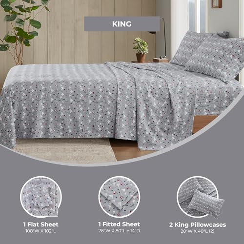 Image of Woolrich Cotton Sheet Set Cottage Charms Print, 100% Cotton Flannel Sheets Warm & Fuzzy Bedding Set King Size Sheets, Fitted Pocket Fits Up to 14 inch Mattress, King Grey Ski Jump 4 Piece