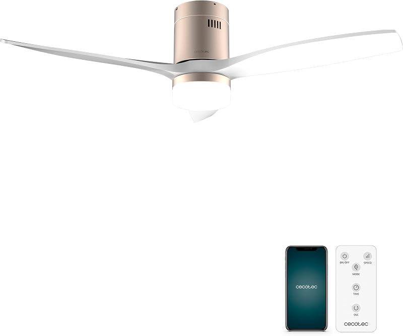 Cecotec Ventilador de Techo EnergySilence Aero 5600 Aqua GoldWhite Connected, 40 W y 52”, Wifi, Mando a distancia, protección IP44, luz, 6 velocidades, 3 aspas, modo winter-summer, temporizador 8h