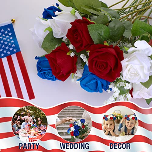 44 Pcs Patriotic Memorial Bouquet Artificial Flowers 4Th Of July Red White And Blue Flowers Cemetery Flowers For Grave, With Thanks Veteran Roses, Small Usa Flags And Artificial Baby Breath Flowers #TOP5