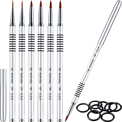 Mifoci 6 Pieces 3D Acrylic Nail Brush for Nails Art 3D Nail Art Brush Kolinsky Acrylic Brush Painting Brush Pen Set Silver Metal Nail Lining Brush for Nail Art Nail Salon Size 2/4/5