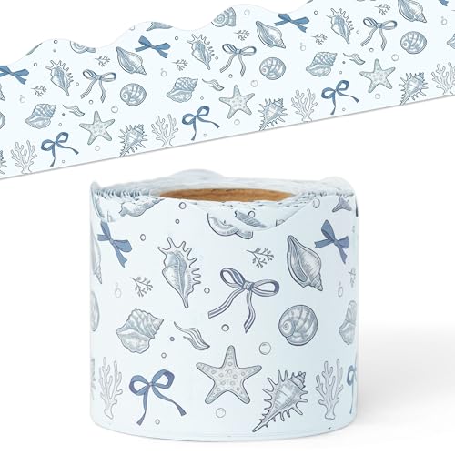 Image of BeYumi Coastal Seashells Border Trim - 65ft Back to School Beach Border | Blue Beach Seashells Starfish Bows Summer Scalloped Bulletin Board Set School Classroom Office Chalkboard Party Holiday Decor