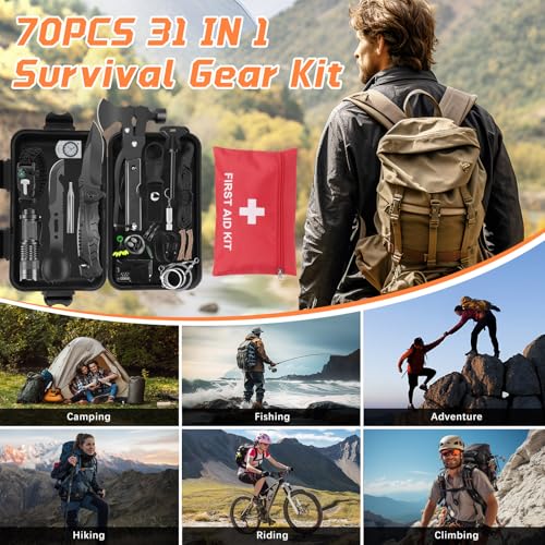 Außen Notfall Survival Kit 70 in 1, Professionelles Notfall Set Outdoor Zuhause, Premium Set Messer Outdoor Ausrüstung, Überlebensausrüstung, für Camping, Bushcraft, Wandern, Jagde, Abenteuer, Männer