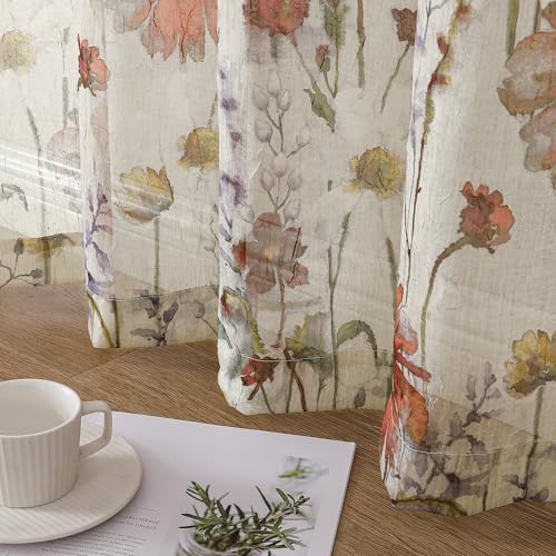 Image of OWENIE Crushed Sheer Cafe Curtains Kitchen Tiers 30 Inch Length 2 Panels, Printed Design Small Window Half Curtains for Bathroom Bedroom Cupboard Living Room, Short Light Filtering Curtain, 42 inchx30 inch
