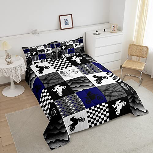 Dirt Bike Comforter Set, Motocross Rider Bedding Comforter Sets Queen, Motorcycle Grunge Down Comforter For Kids Boys Adult Men, Motorbike Extreme Sport Game Comforter, Buffalo Plaid, Blue Grey Black #TOP2