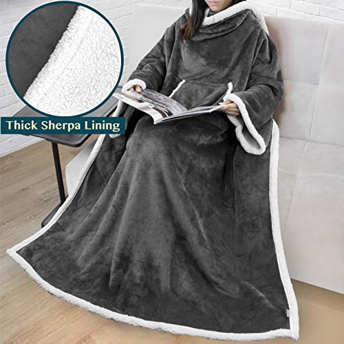 PAVILIA Premium Sherpa Fleece Blanket with Sleeves for Adult Women, Men | Cozy