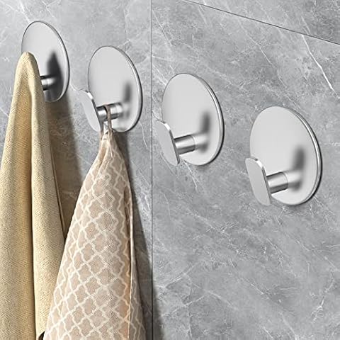 EAGMAK Towel Hooks for Bathroom, 4 Pack Adhesive Hooks, SUS304 Stainless Steel Shower Hooks, Round Wall Hook Holder for Hanging Robe, Loofah, Coat, Clothes, Hat, Key in Washroom Kitchen Hotel (Silver) Cover